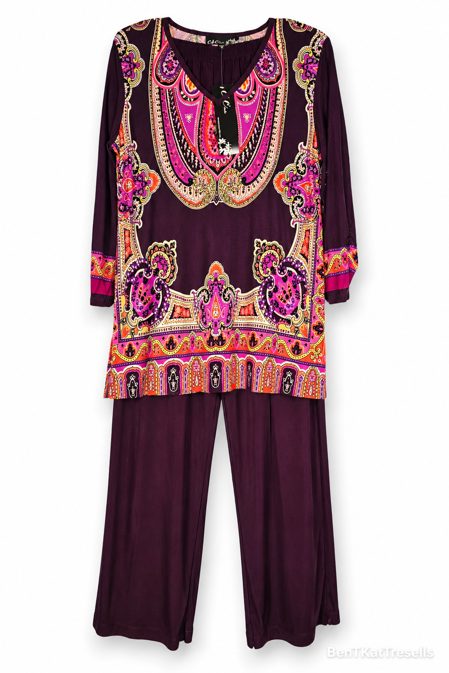 CSC Studio 2 Pc Purple Pink Paisley Tunic Pant Set Sz M Boho Careerwear Resort